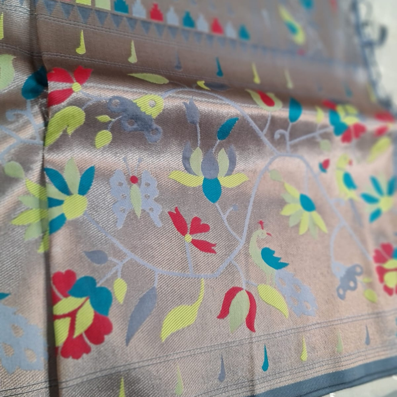 Mauve Grey Paithani saree with traditional peacock & lotus motifs in gold zari border with tassels