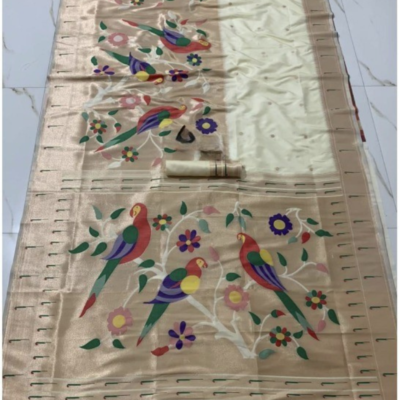 Off White Paithani saree with traditional peacock & lotus motifs in gold zari border with tassels