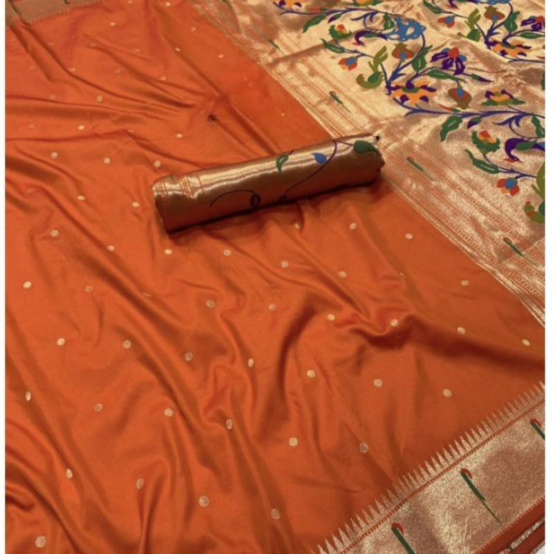 Orange Paithani saree with traditional peacock & lotus motifs in gold zari border with tassels
