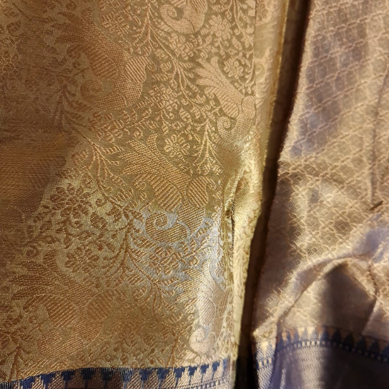 Intricately woven Gold Organza Saree with Navy Blue Brocade Border – Elegant Drape