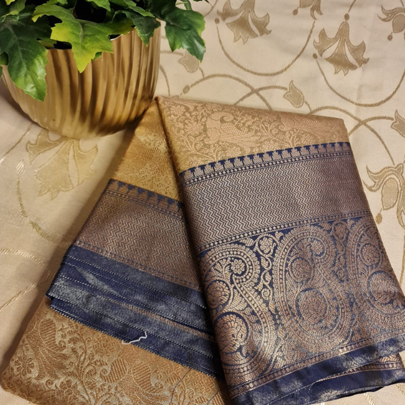Intricately woven Gold Organza Saree with Navy Blue Brocade Border – Elegant Drape