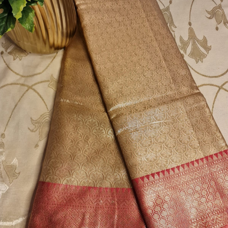 Intricately woven Gold Organza Saree with Red Brocade Border – Elegant Drape
