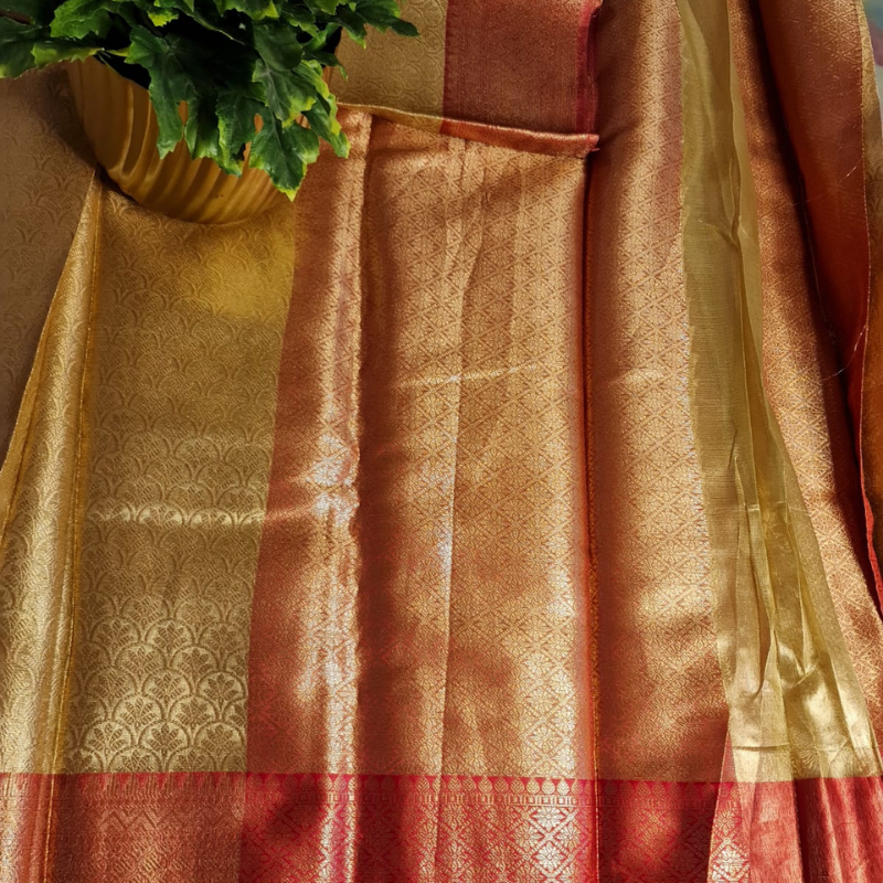 Intricately woven Gold Organza Saree with Red Brocade Border – Elegant Drape