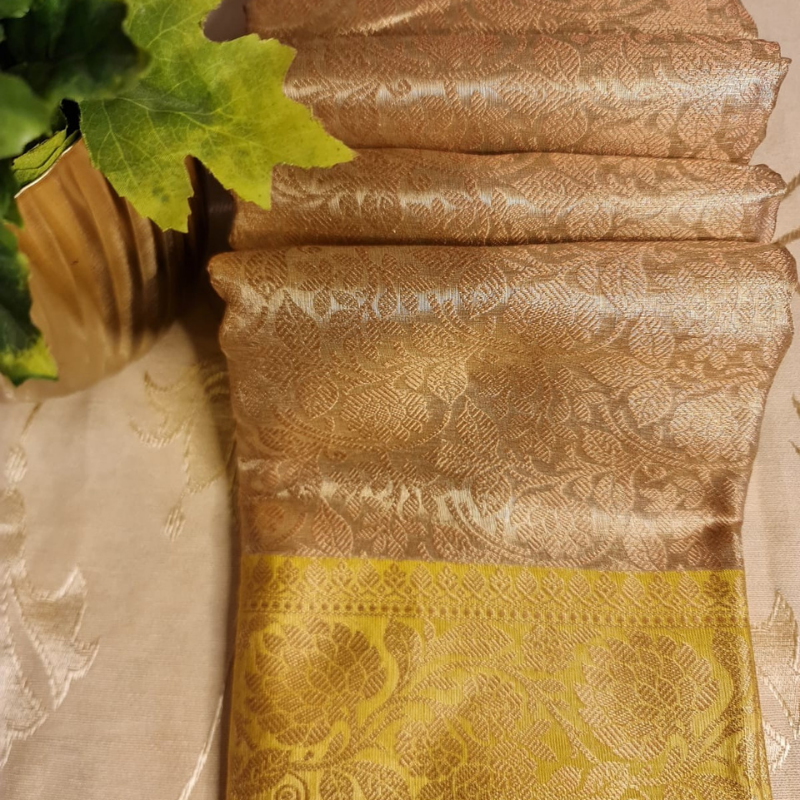 Intricately woven Gold Organza Saree with Yellow Brocade Border – Elegant Drape