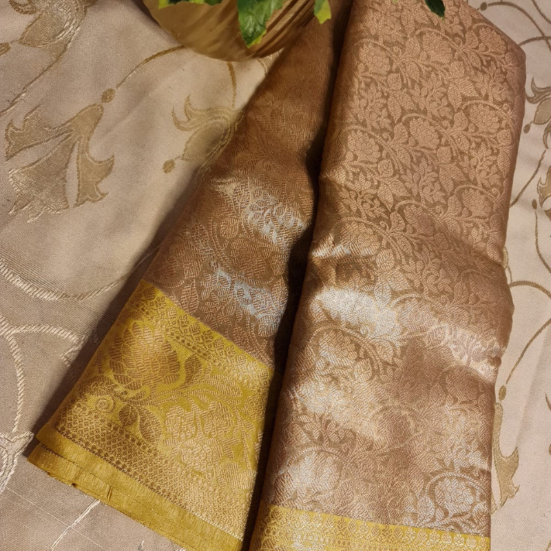 Intricately woven Gold Organza Saree with Yellow Brocade Border – Elegant Drape