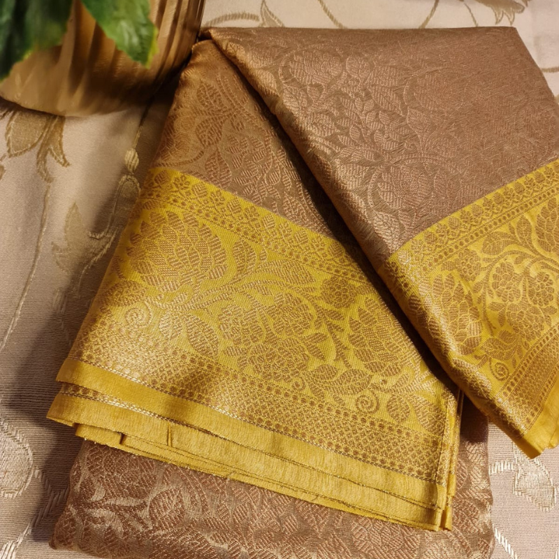 Intricately woven Gold Organza Saree with Yellow Brocade Border – Elegant Drape