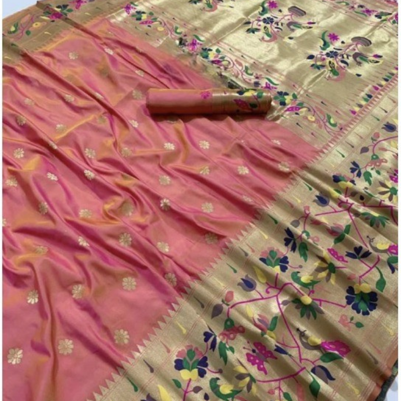 Peach Dual Tone Paithani saree with traditional peacock & lotus motifs in gold zari border with tassels