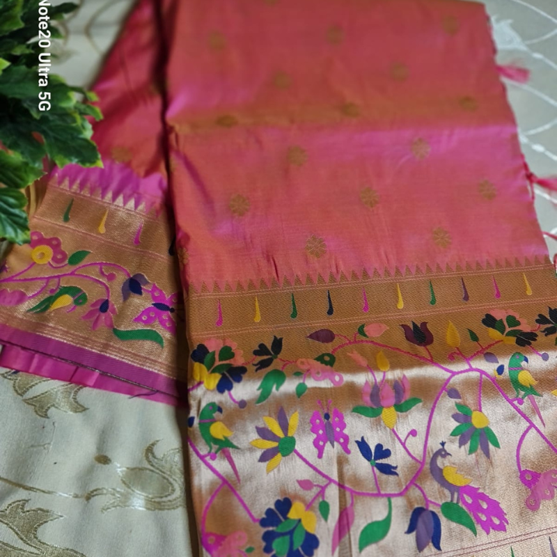Peach Dual Tone Paithani saree with traditional peacock & lotus motifs in gold zari border with tassels