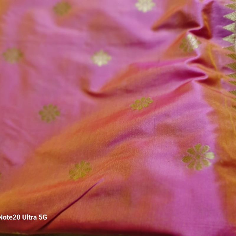 Peach Dual Tone Paithani saree with traditional peacock & lotus motifs in gold zari border with tassels