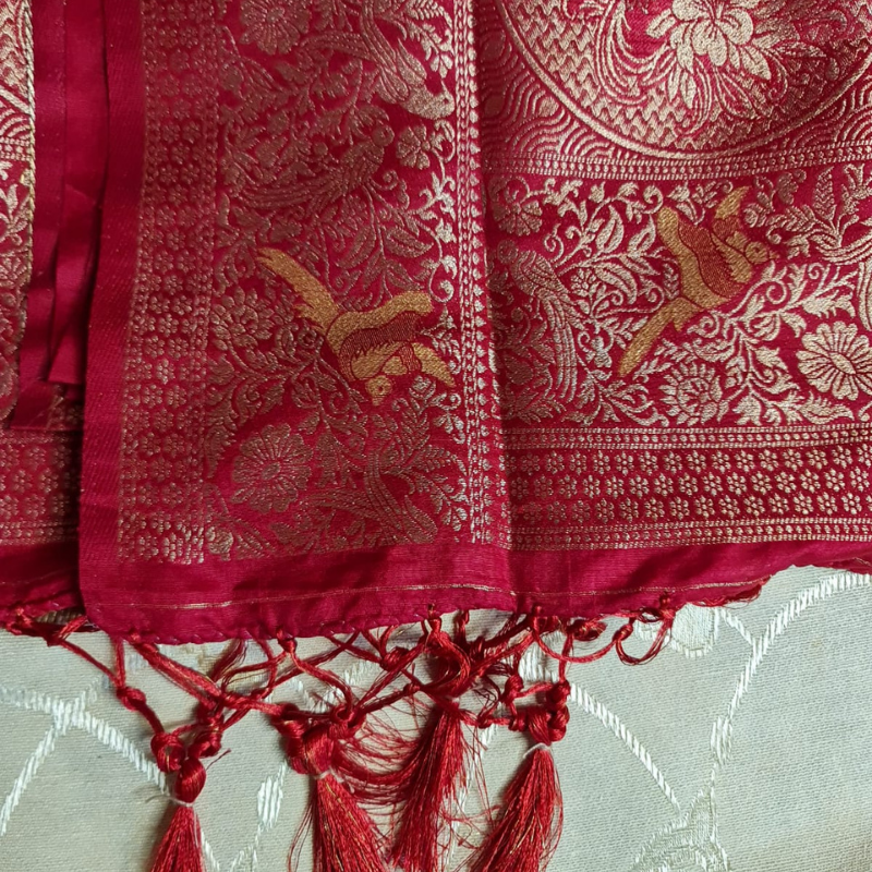 Red Benarasi saree with intricate gold zari detailing with tassels