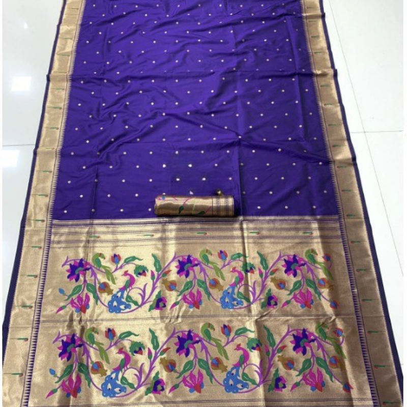 Royal Blue Paithani saree with traditional peacock & lotus motifs in gold zari border with tassels
