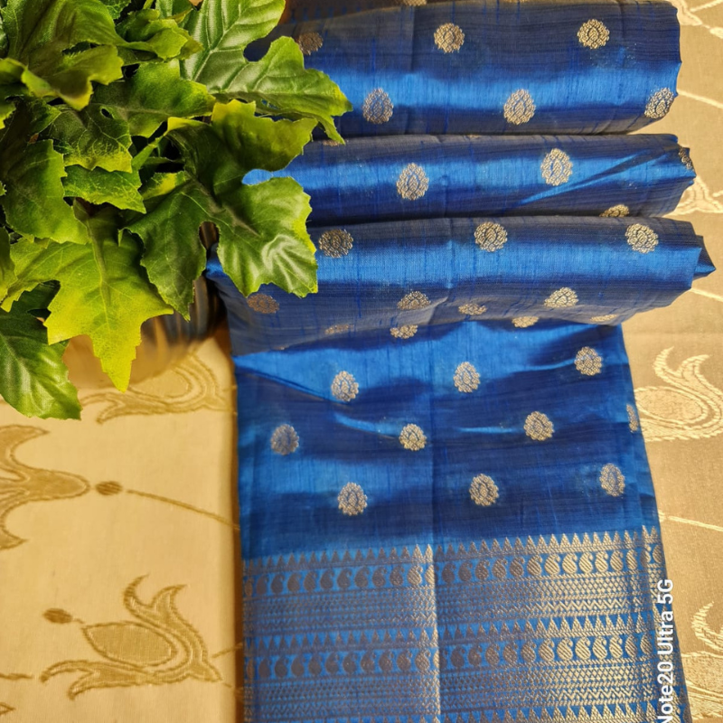 Blue Tussar silk saree with natural shine & sheen, zari border-Elegant & Lightweight