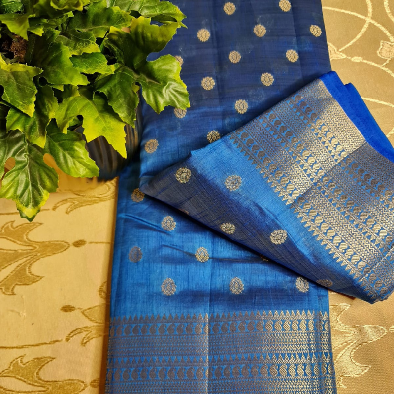 Blue Tussar silk saree with natural shine & sheen, zari border-Elegant & Lightweight