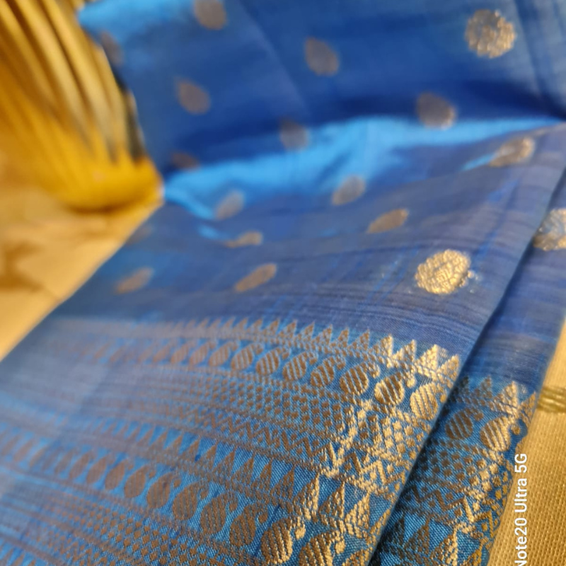 Blue Tussar silk saree with natural shine & sheen, zari border-Elegant & Lightweight
