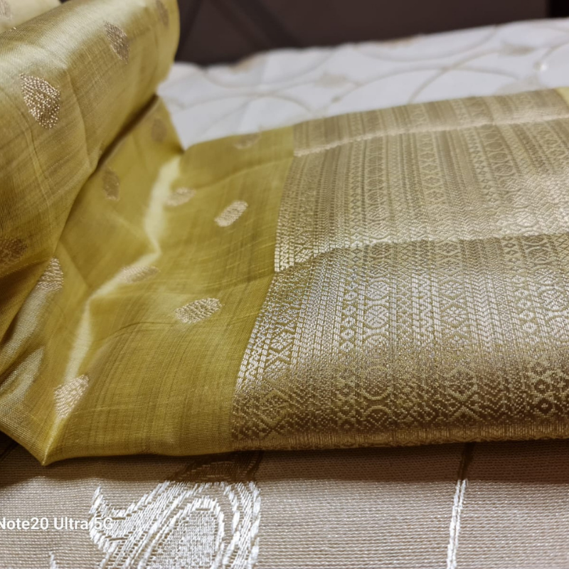 Champagne Tussar silk saree with natural shine & sheen, zari border-Elegant & Lightweight