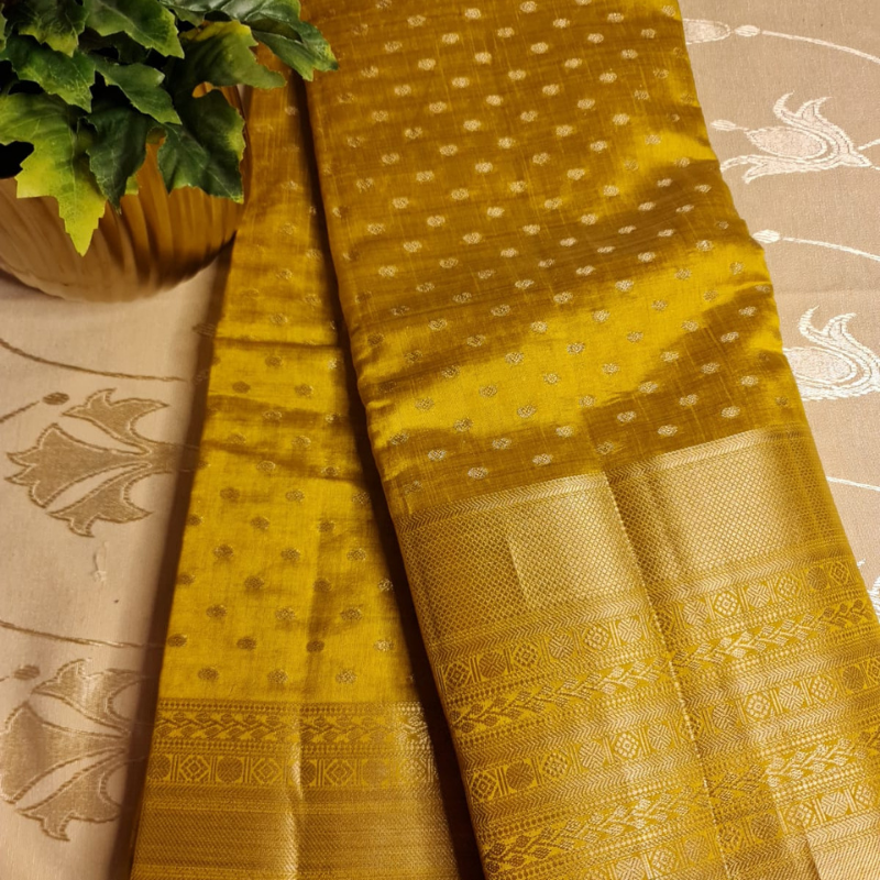 Golden Yellow Small Butta Tussar silk saree with natural shine & sheen, zari border-Elegant & Lightweight