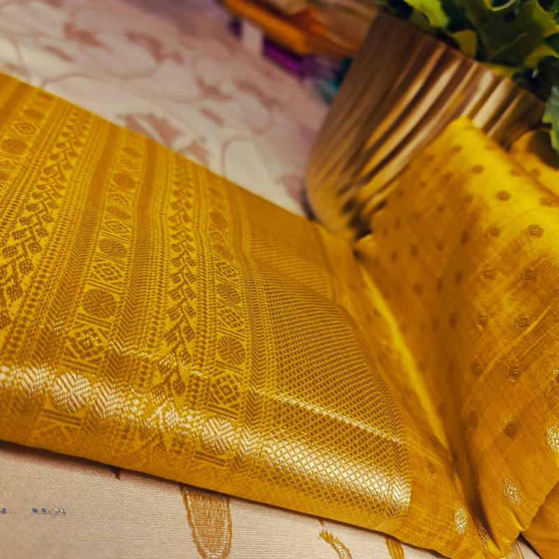 Golden Yellow Small Butta Tussar silk saree with natural shine & sheen, zari border-Elegant & Lightweight
