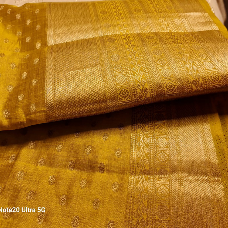Golden Yellow Small Butta Tussar silk saree with natural shine & sheen, zari border-Elegant & Lightweight