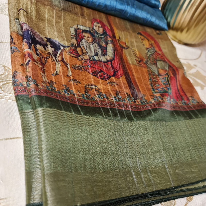 Tussar Kalamkari Blue saree with natural shine & sheen, zari border-Elegant & Lightweight