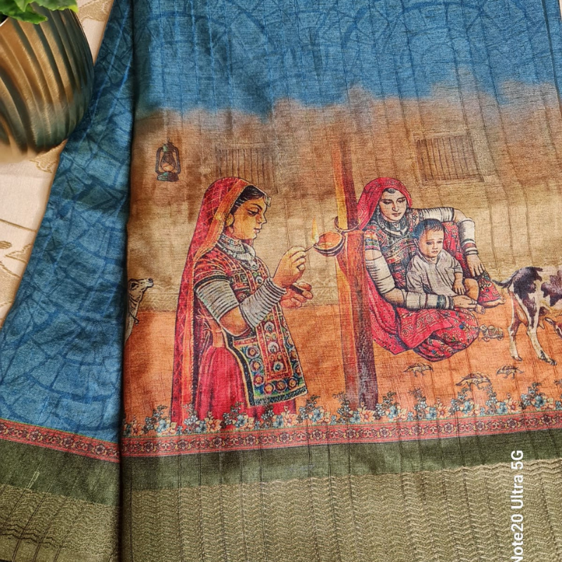 Tussar Kalamkari Blue saree with natural shine & sheen, zari border-Elegant & Lightweight