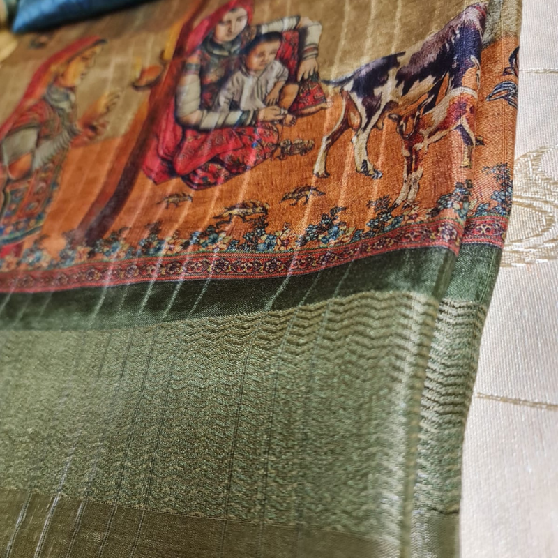 Tussar Kalamkari Blue saree with natural shine & sheen, zari border-Elegant & Lightweight