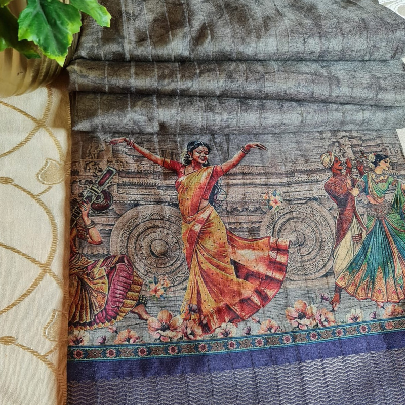 Tussar Kalamkari Dark Grey saree with natural shine & sheen, zari border-Elegant & Lightweight