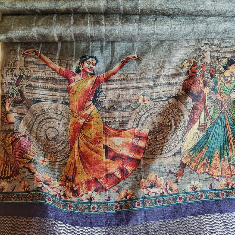Tussar Kalamkari Dark Grey saree with natural shine & sheen, zari border-Elegant & Lightweight