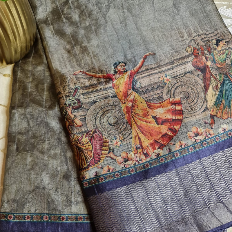 Tussar Kalamkari Dark Grey saree with natural shine & sheen, zari border-Elegant & Lightweight