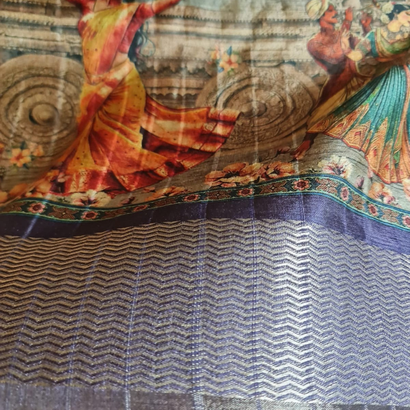 Tussar Kalamkari Dark Grey saree with natural shine & sheen, zari border-Elegant & Lightweight