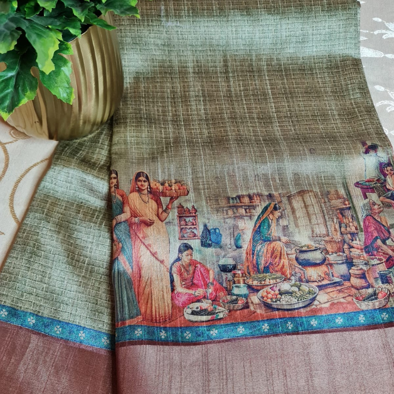 Tussar Kalamkari Green saree with natural shine & sheen, zari border-Elegant & Lightweight