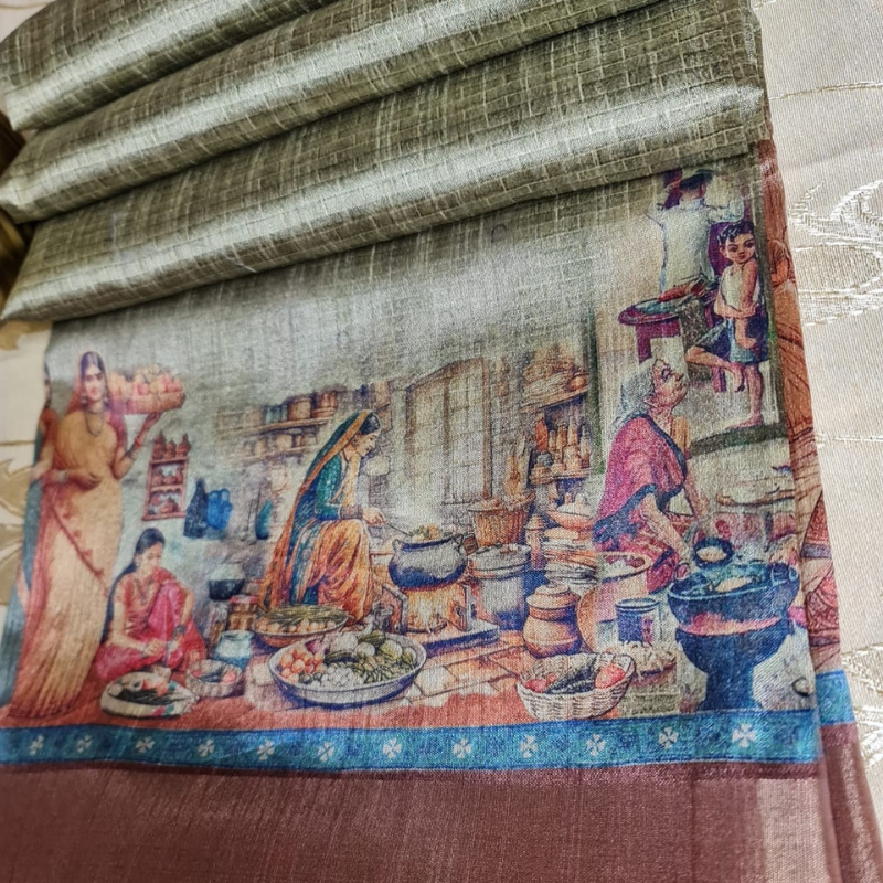 Tussar Kalamkari Green saree with natural shine & sheen, zari border-Elegant & Lightweight