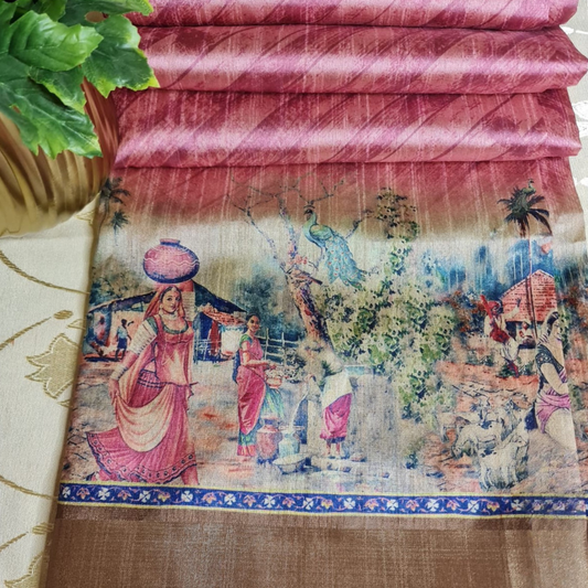 Tussar Kalamkari Pink saree with natural shine & sheen, zari border-Elegant & Lightweight
