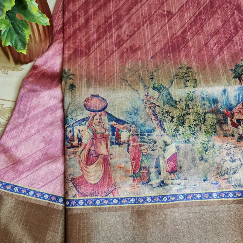 Tussar Kalamkari Pink saree with natural shine & sheen, zari border-Elegant & Lightweight