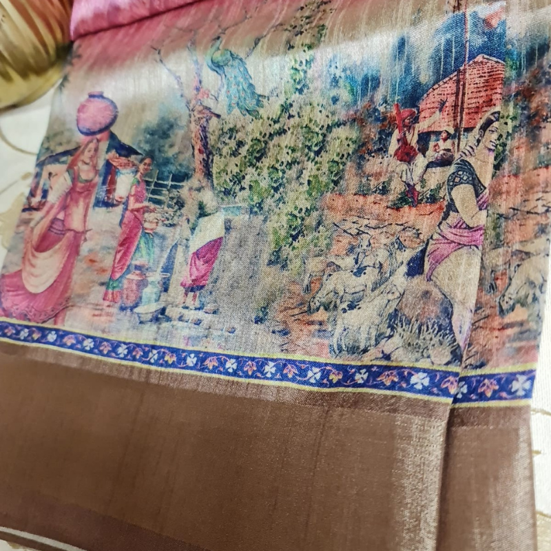 Tussar Kalamkari Pink saree with natural shine & sheen, zari border-Elegant & Lightweight