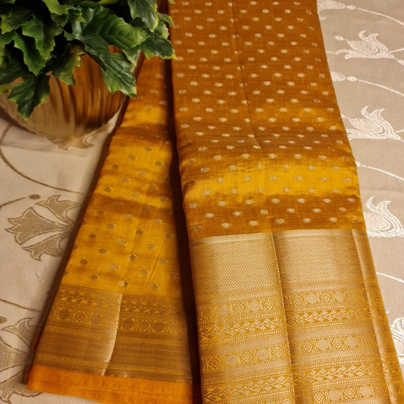 Golden Light Orange Small Butta Tussar silk saree with natural shine & sheen, zari border-Elegant & Lightweight
