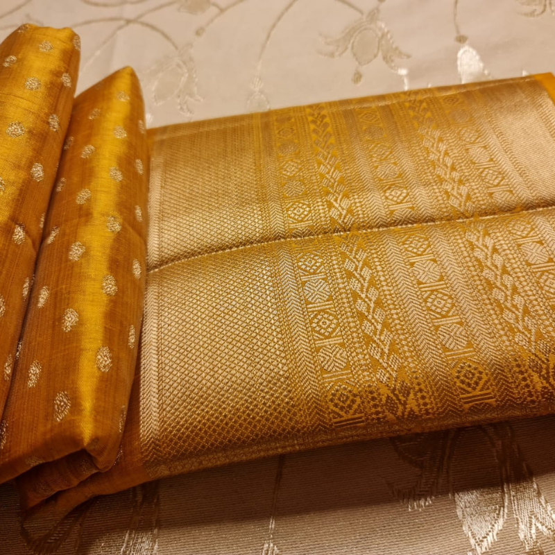 Golden Light Orange Small Butta Tussar silk saree with natural shine & sheen, zari border-Elegant & Lightweight