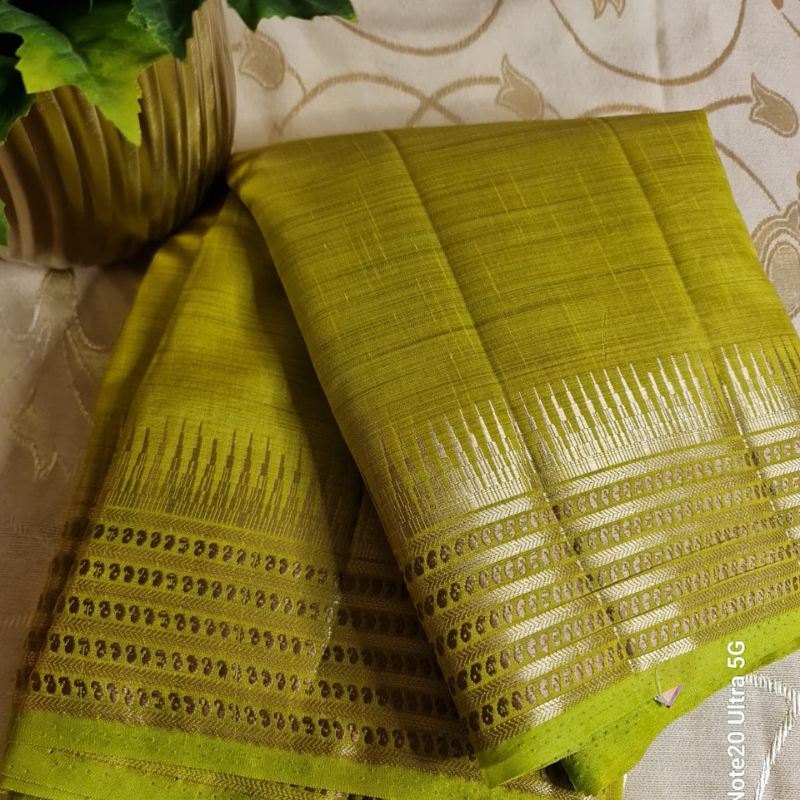 Lime Green Tussar silk saree with natural shine & sheen, zari border-Elegant & Lightweight