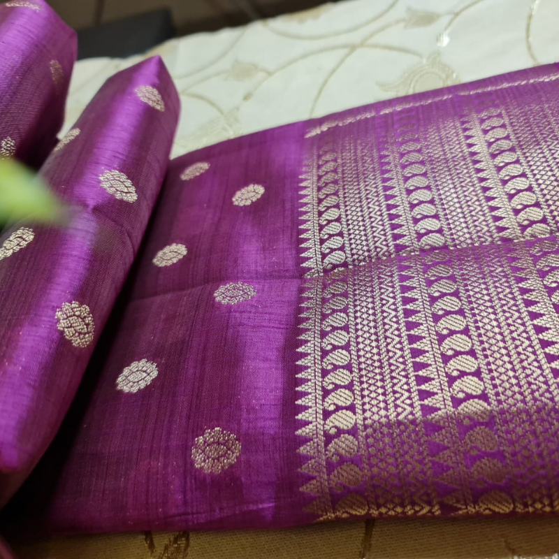 Magenta Tussar silk saree with natural shine & sheen, zari border-Elegant & Lightweight