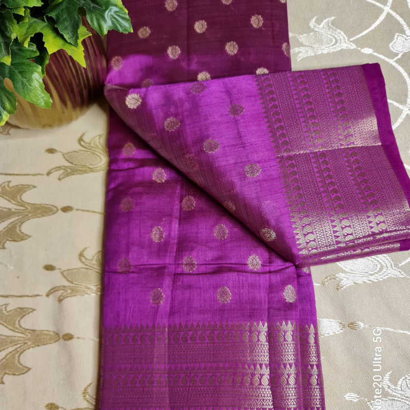 Magenta Tussar silk saree with natural shine & sheen, zari border-Elegant & Lightweight