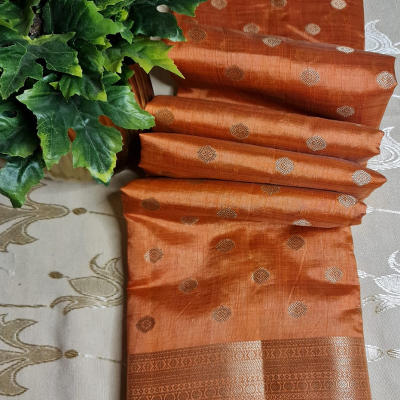 Orange Tussar silk saree with natural shine & sheen, zari border-Elegant & Lightweight