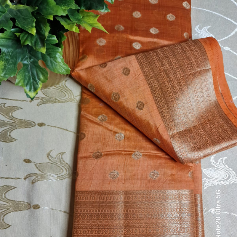 Orange Tussar silk saree with natural shine & sheen, zari border-Elegant & Lightweight