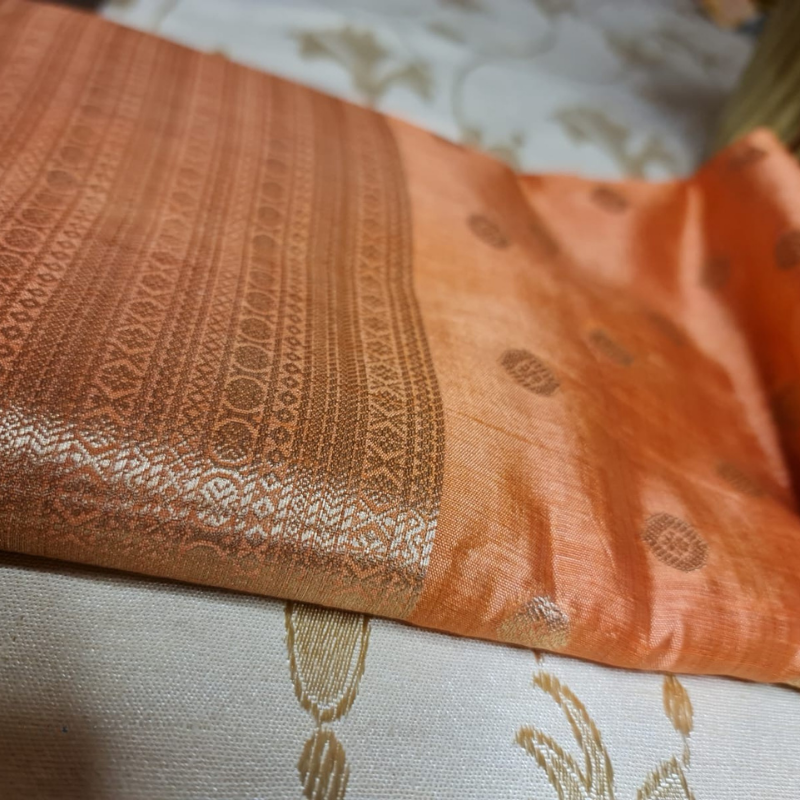 Orange Tussar silk saree with natural shine & sheen, zari border-Elegant & Lightweight