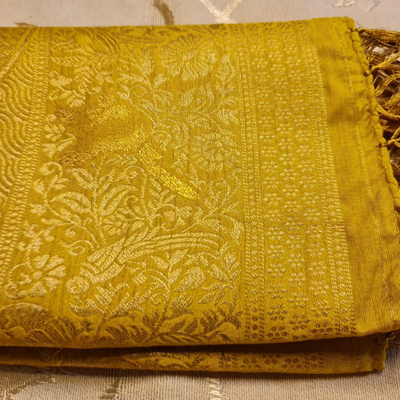 Yellow Benarasi saree with intricate gold zari detailing with tassels