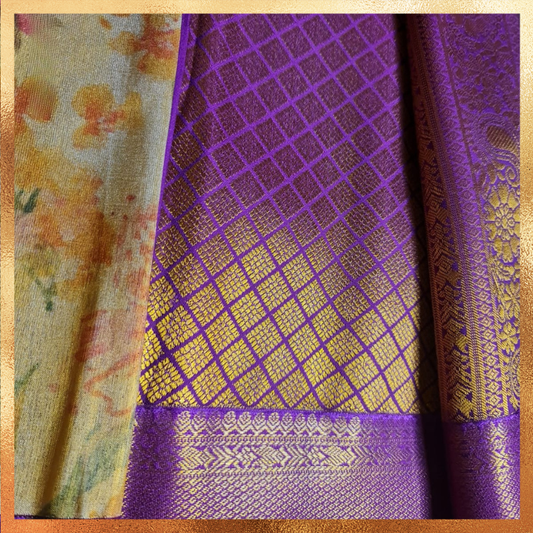 Bridal Kanjivaram golden hue dual tone saree with magenta border & golden zari. Perfect for weddings & festive wear. Handpicked collection at The Saree Mahal