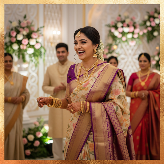 KANJIVARAM (TSM KJ014) - Gold Floral Art Magenta Border