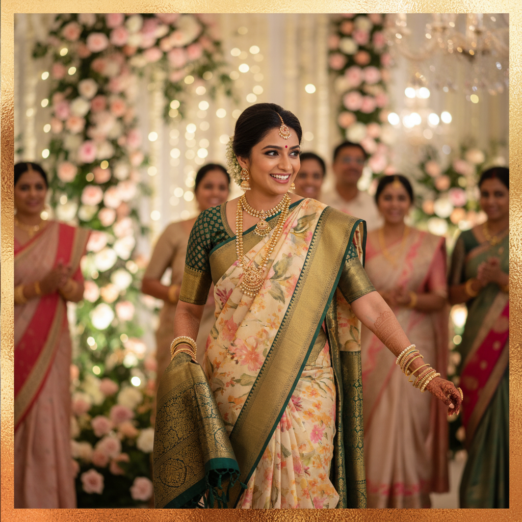 KANJIVARAM (TSM KJ013) - Gold Floral Art Green Border