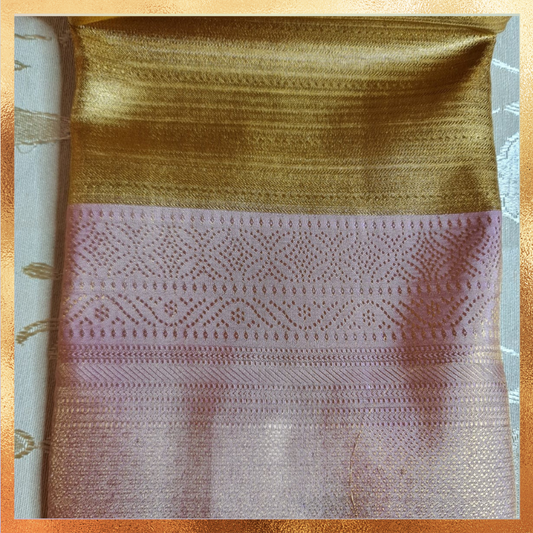 Bridal Kanjivaram golden body with light pink border & golden zari. Perfect for weddings & festive wear. Handpicked collection at The Saree Mahal