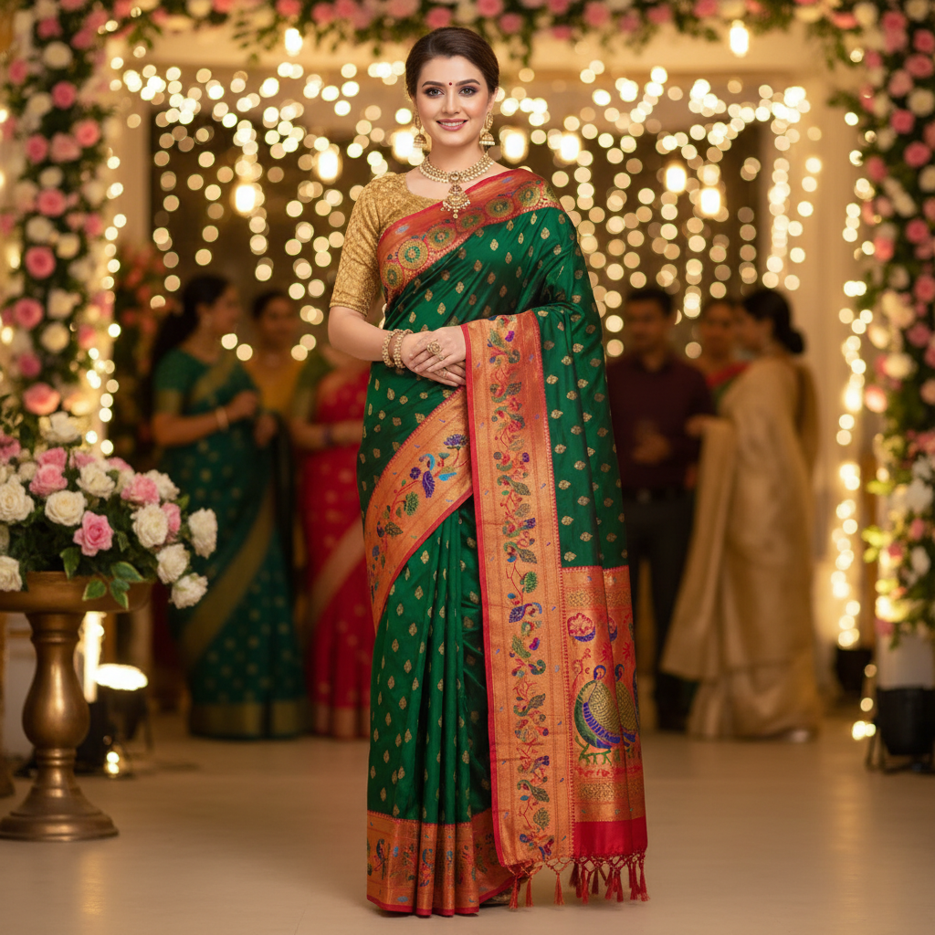 PAITHANI SILK (TSM PT003) - Dark Green Red Border