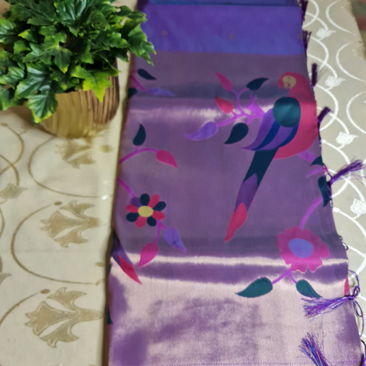 Dual Tone Mauve Paithani saree with traditional peacock & lotus motifs in gold zari border with tassels