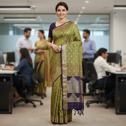TUSSAR (TSM TussarSILK003) - Green & Aubergine